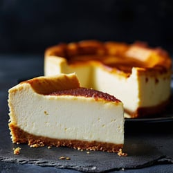 baked vanilla cheesecake, one slice out, on dark concrete table, dark image with cheesecake being the hightlight