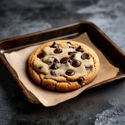 chocolate chip cookie on brown paper on tray on dark kitchen concrete bvench