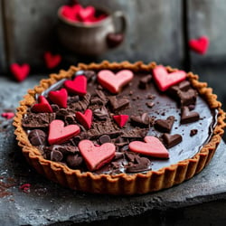 Chooclate valentines tart on dark concrete bench