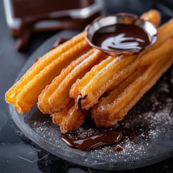 churros, with chocolate sauce on dark marble kitchen bendch