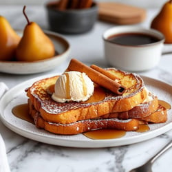 cinnamon maple french toast using traditional sourdough shape bread oval with small icecream and cinnamon poached pears on a marble white bench top, m