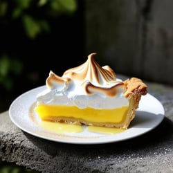 lemon meringue pie big on dark concrete bench-2