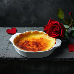 valentines creme brulee on dark concrete bench with rose